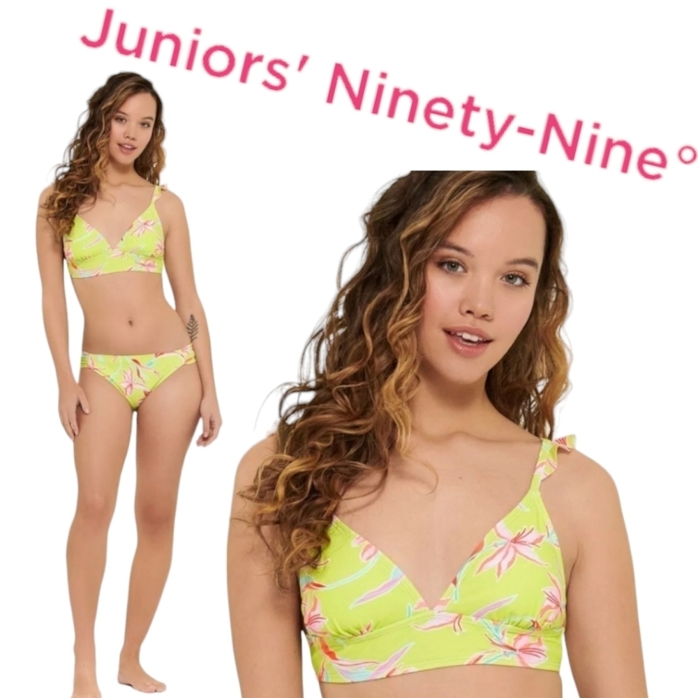 Juniors Ninety-Nine Degrees 2-pc Bikini Pink Green Floral Ruffle Strap NWT Jr XL